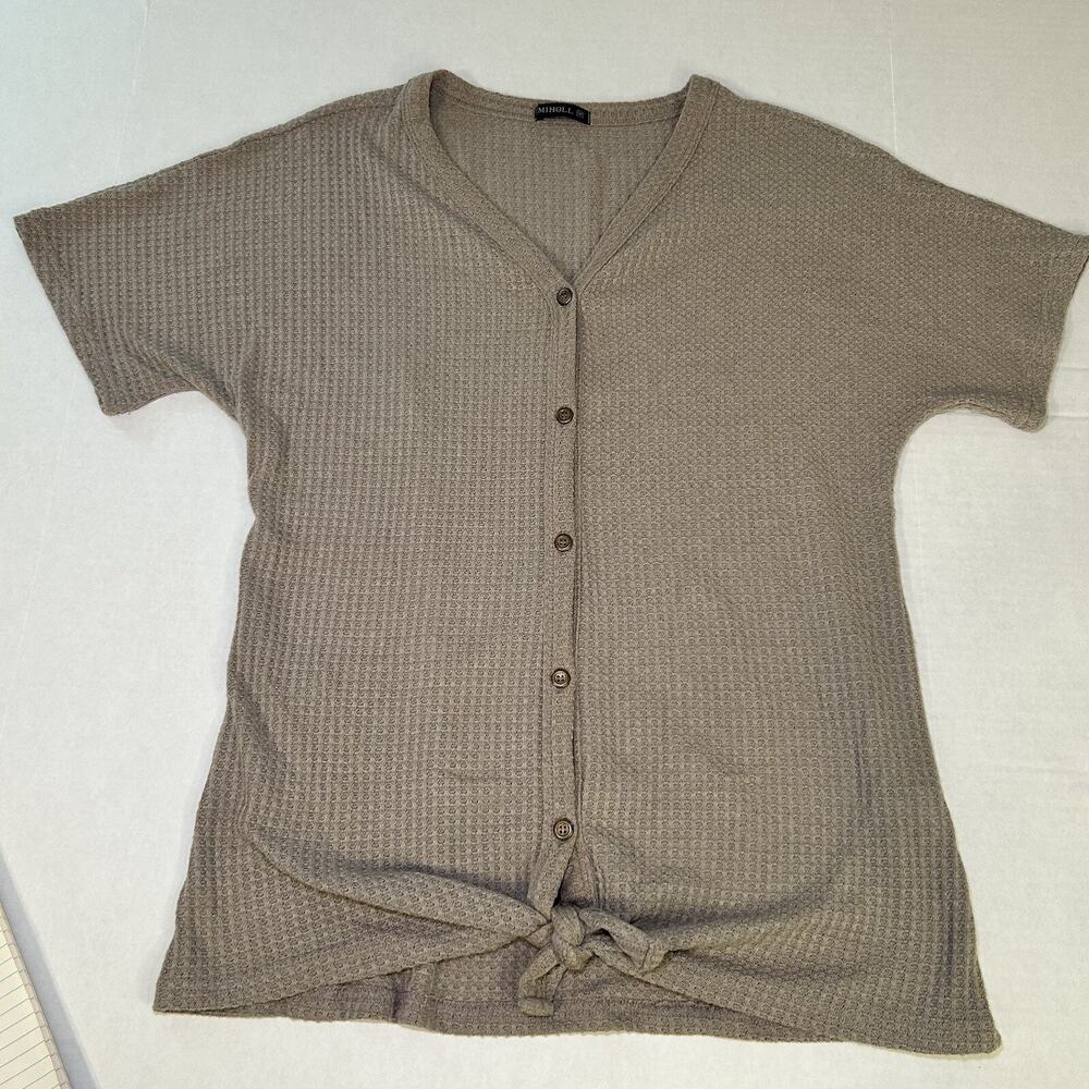 Miholl Shirt Womens Medium Tan‎ Waffle Knit Top Front Tie Short Sleeve Button Up